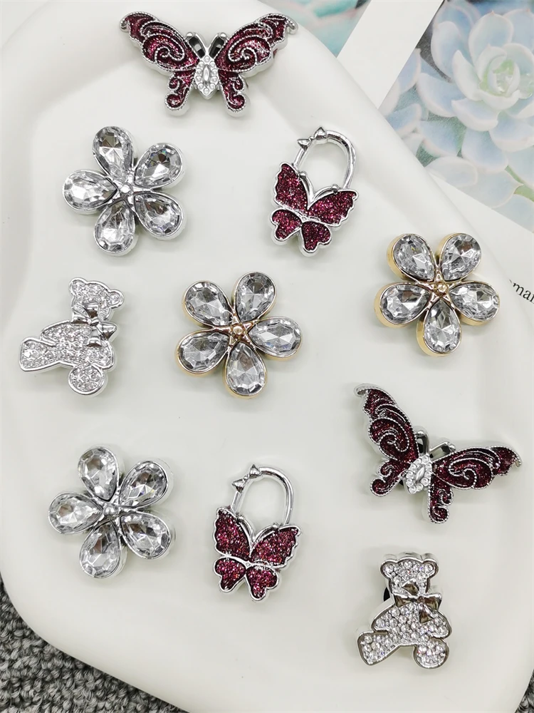 2PCS Resin Flower Shoe Charms Decorations Bling Rhinestone Bear Shoes Buckles DIY Accessories Big Butterfly Clogs Shoe Clips