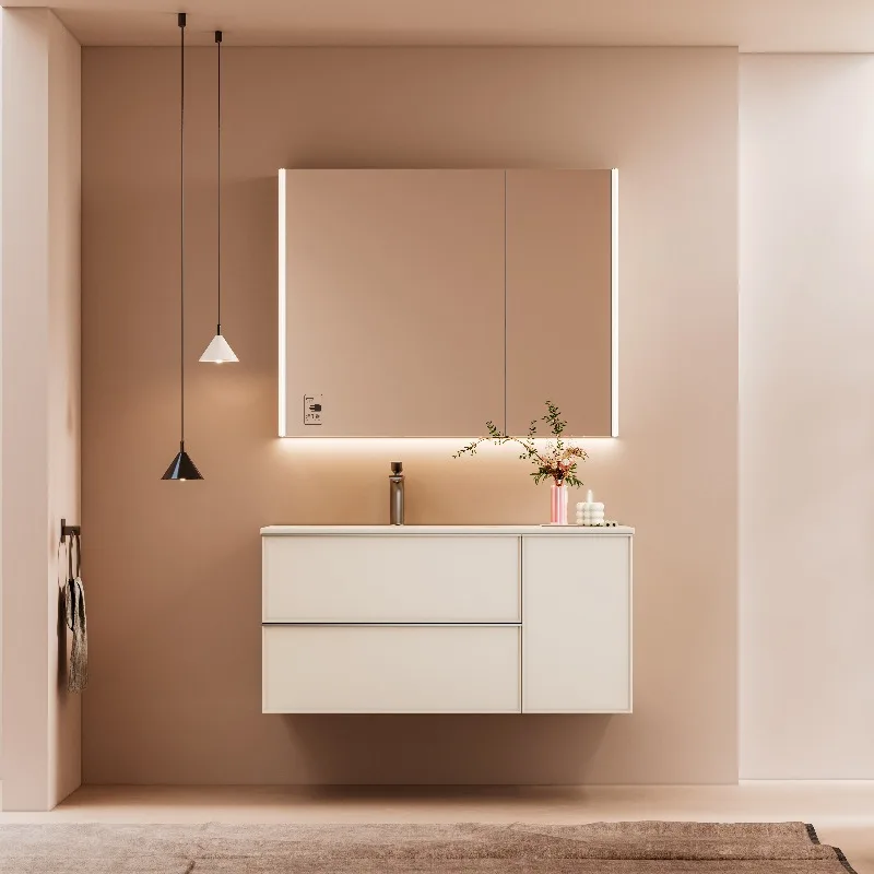 

Modern Cream Wood Bathroom Vanity Ceramic Basin Bedroom and Dining Room Smart Mirror