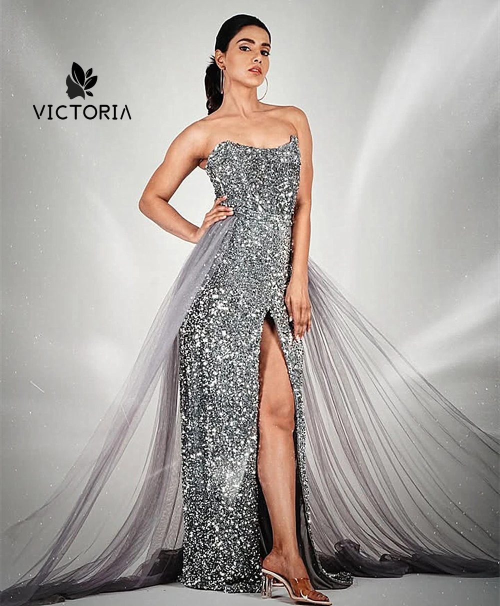 

Grey Velvet Sequin Evening Dresses For Special Occasions With Train Split Mermaid Strapless Dubai Cocktail Gowns Customized