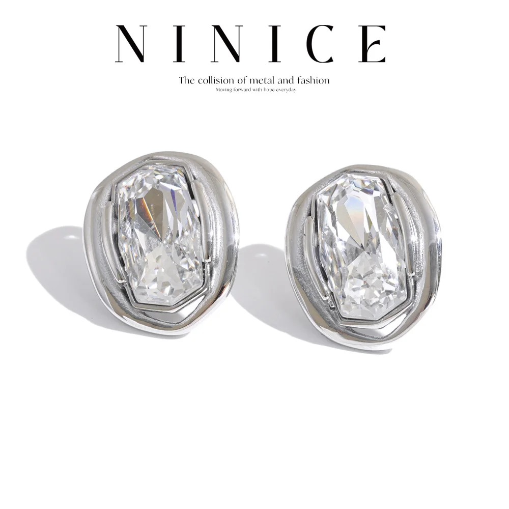 NiNice Colorful Shiny Rectangle Zircon Oval Stud Earrings High Quality Stainless Steel Daily Jewelry Banquet Party Accessories