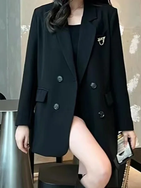 

Elegant Black Casual Loose Women's Suiting Jacket Korean Style High Waist Polyester Fiber Long Sleeve Mid-Length Coat