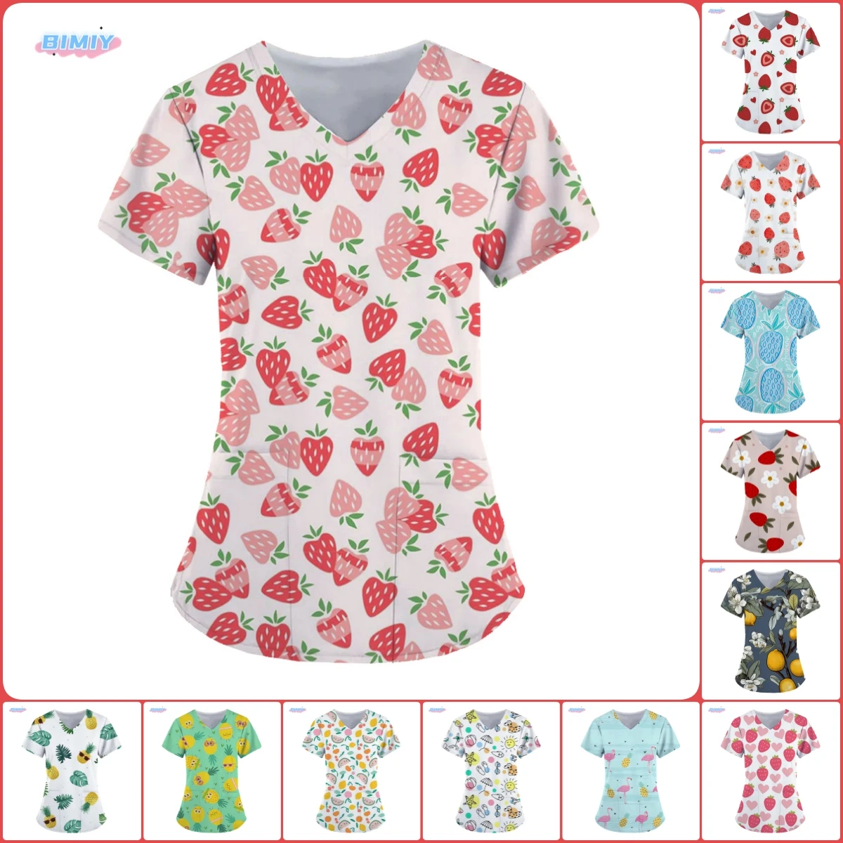 Loose Tops Women Summer Ladies Short V Shape Strawberry Print Tops Casual Work Clothes Pocket Work Clothes Uniforms Nurse