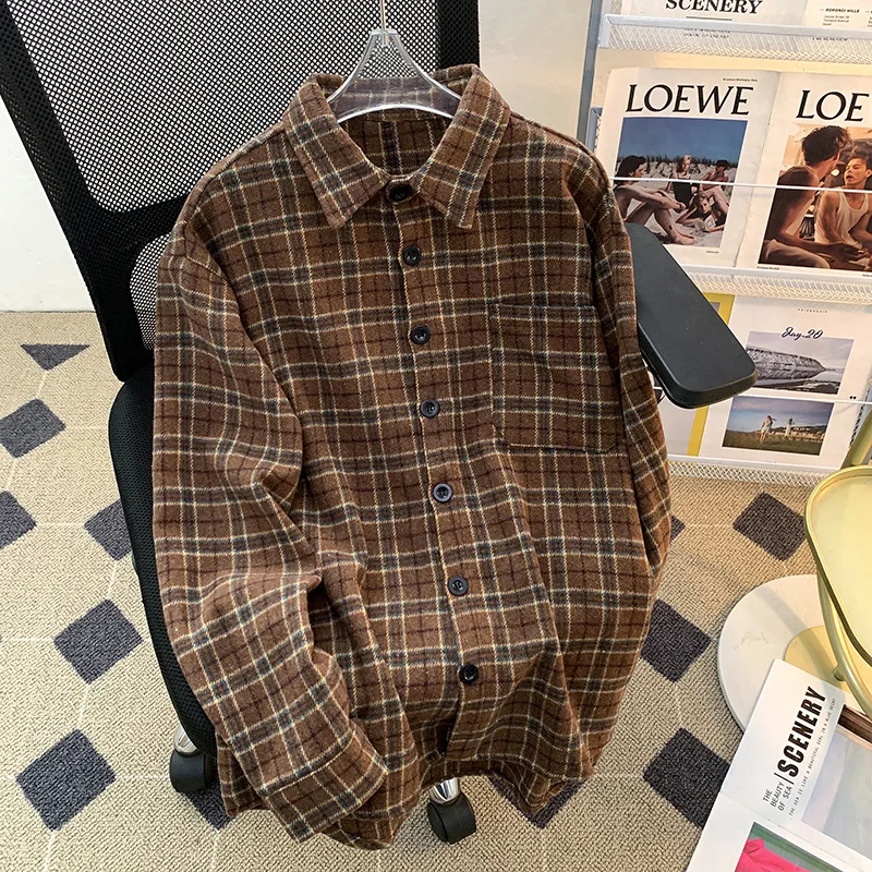 2025 checkered long sleeved shirt, Japanese style Hong Kong style loose shirt, men's summer trend versatile casual jacket