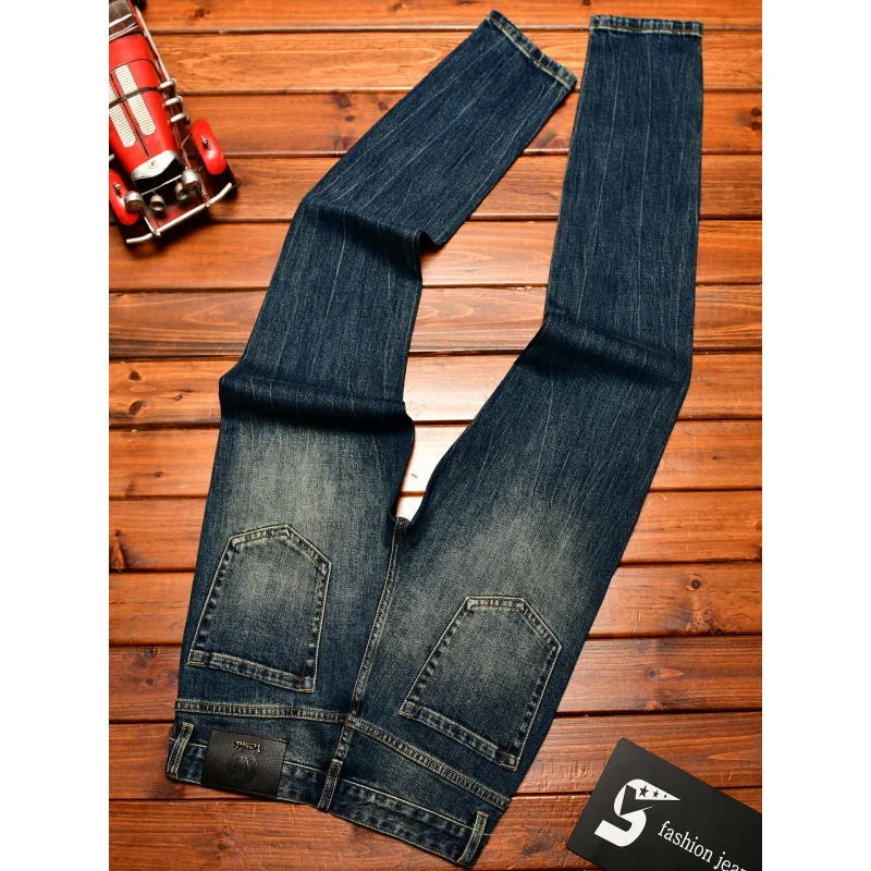 2025 الكورية نمط عصري جينز مطبوع الرجال سليم صالح نحيل الخريف ملابس للرجال موضة غير رسمية الشارع الرجعية السراويل الطويلة