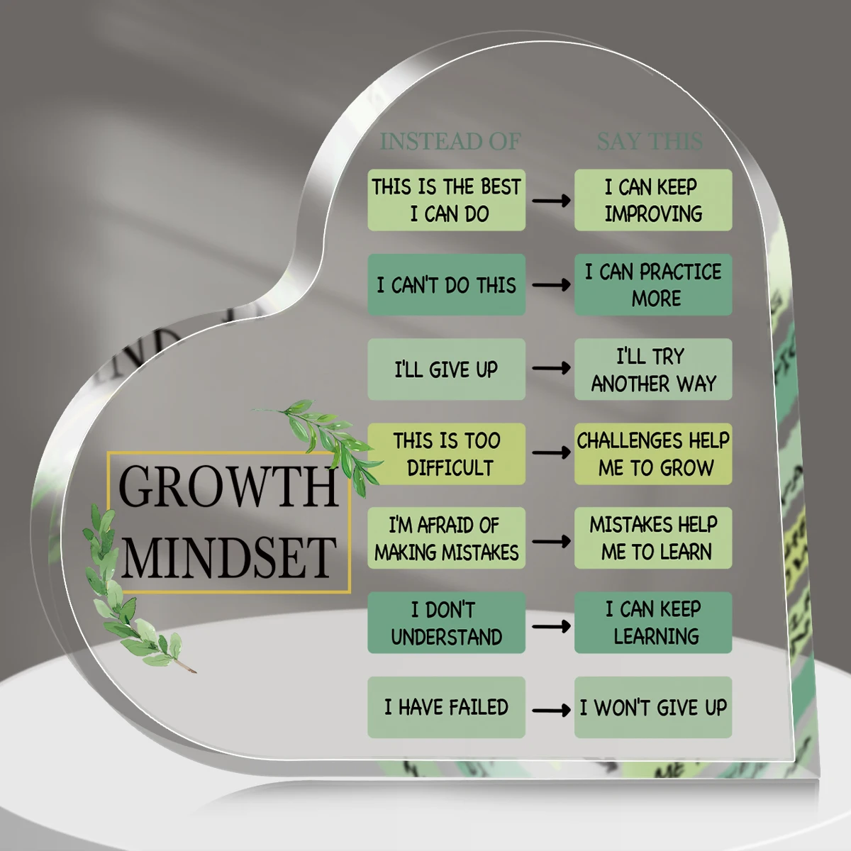 Growth Mindset Positive Thinking Heart Shaped Acrylic Plaque For Classroom Office