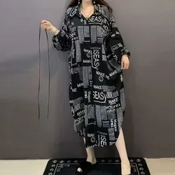 Korean Loose Long Sleeve Printing Dresses Women's Clothing Spring New Fashion Streetwear Vintage Turn-down Collar Shirt Dress