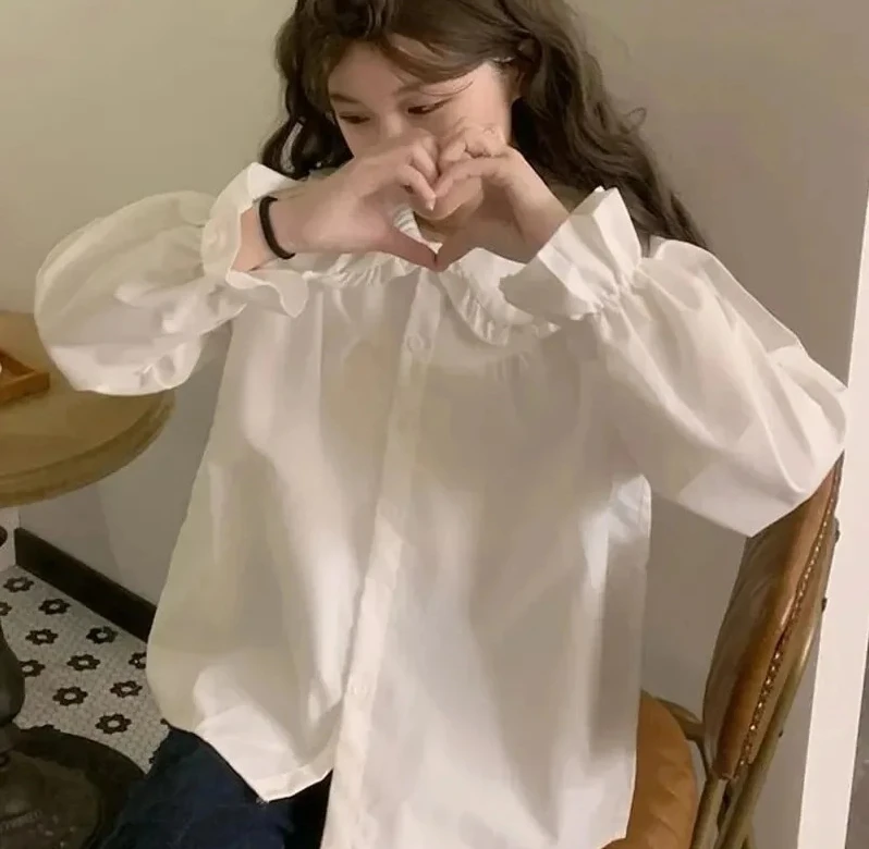 Vintage dames witte shirtreppy stijl mode elegante vrouwelijke blouse met lange mouwen