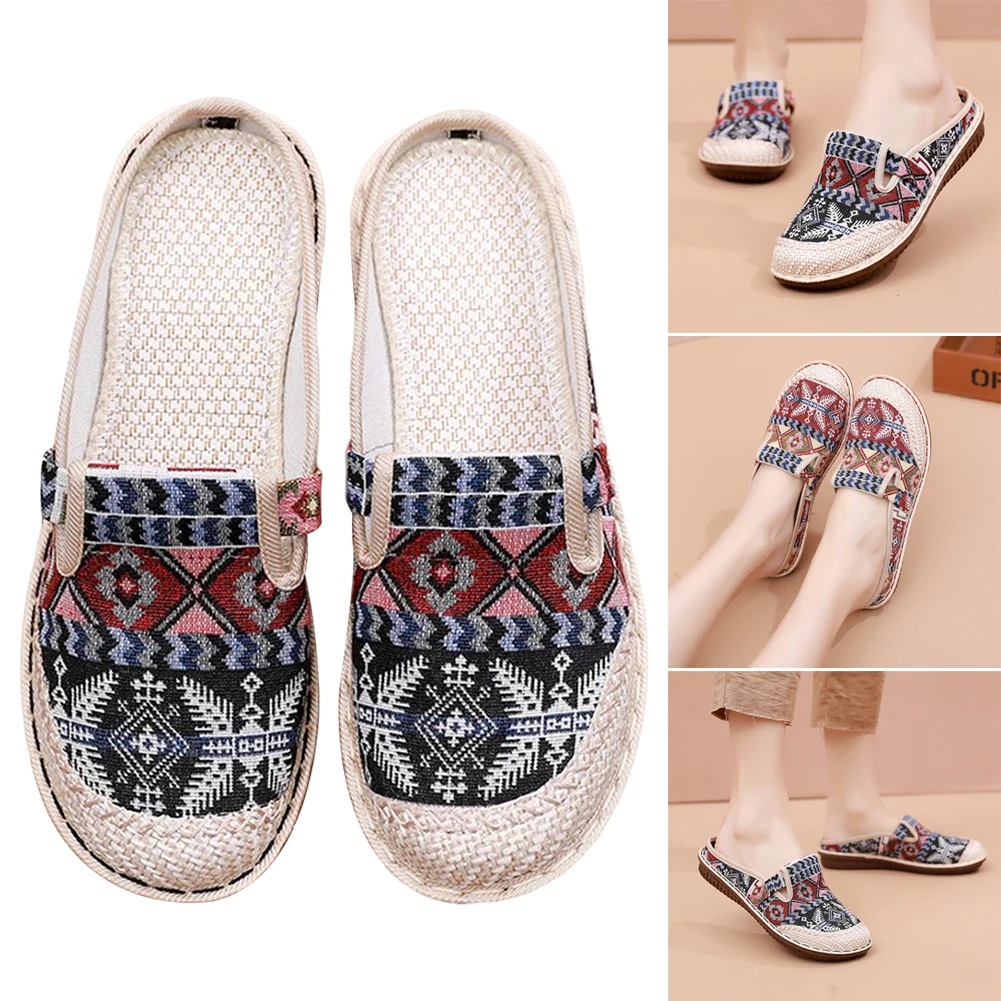 Breathable Half Slippers Round Toe Linen Upper Comfortable For Daily Wear 2023 New Cloth Shoes Straw Woven Casual  Ethnic Style