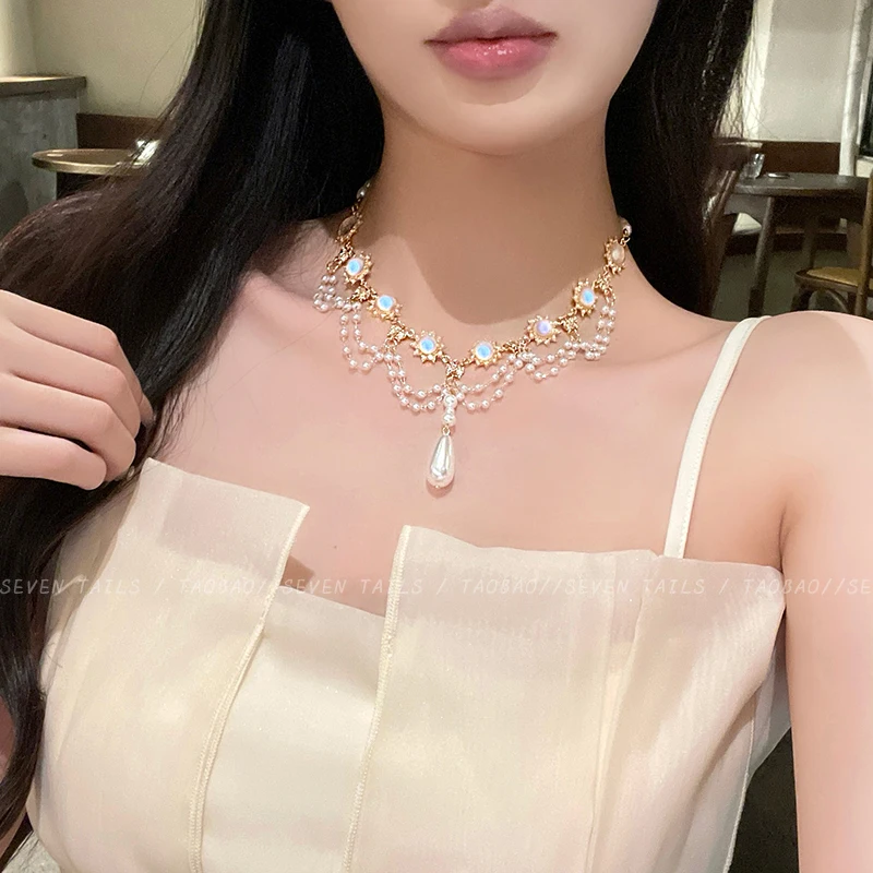 여성용 프랑스 화이트 문라이트 펄 태슬 목걸이, 레트로 헤비 인더스트리 디자인, 멀티 레이어 쇄골 체인, 라이트 럭셔리