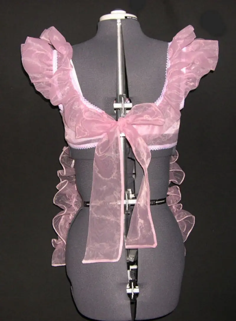 Pink Organza Perspective Dressing Up as a Sissy Role-playing Back Strap Pleated Lace Off Shoulder Drawstring Apron for Adult