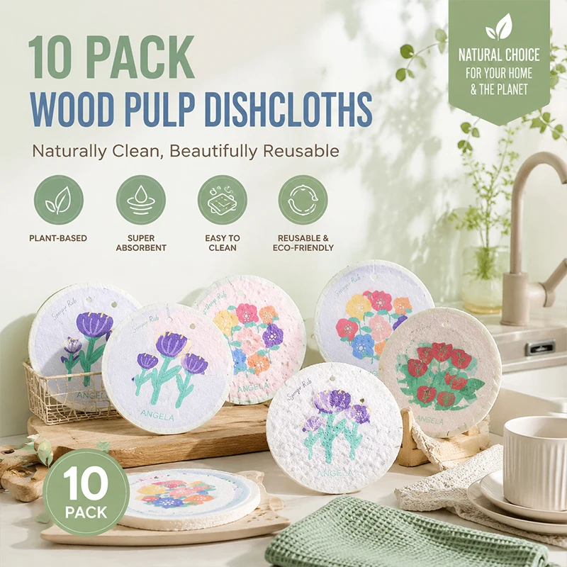 Wood Pulp Cotton Dishwashing Sponge Cloth Non-Stick Oil Compressed Highly Absorbent Kitchen Dish Scrubber Cleaning Wipe