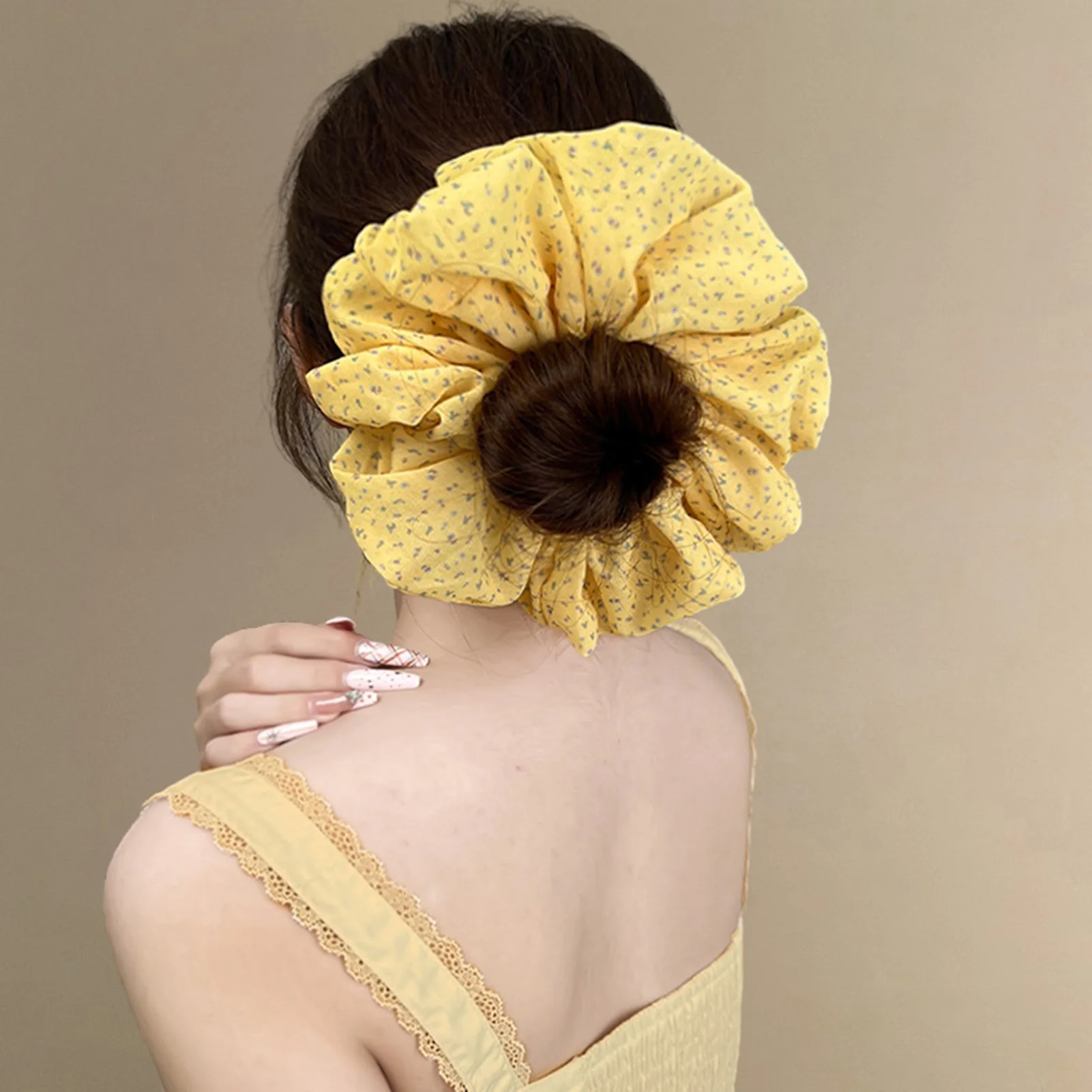 

Yellow Scrunchie - Spring Summer Hair Tie with Flower Print - Elastic Ponytail Holder for Women Girls Daily Hair Accessories