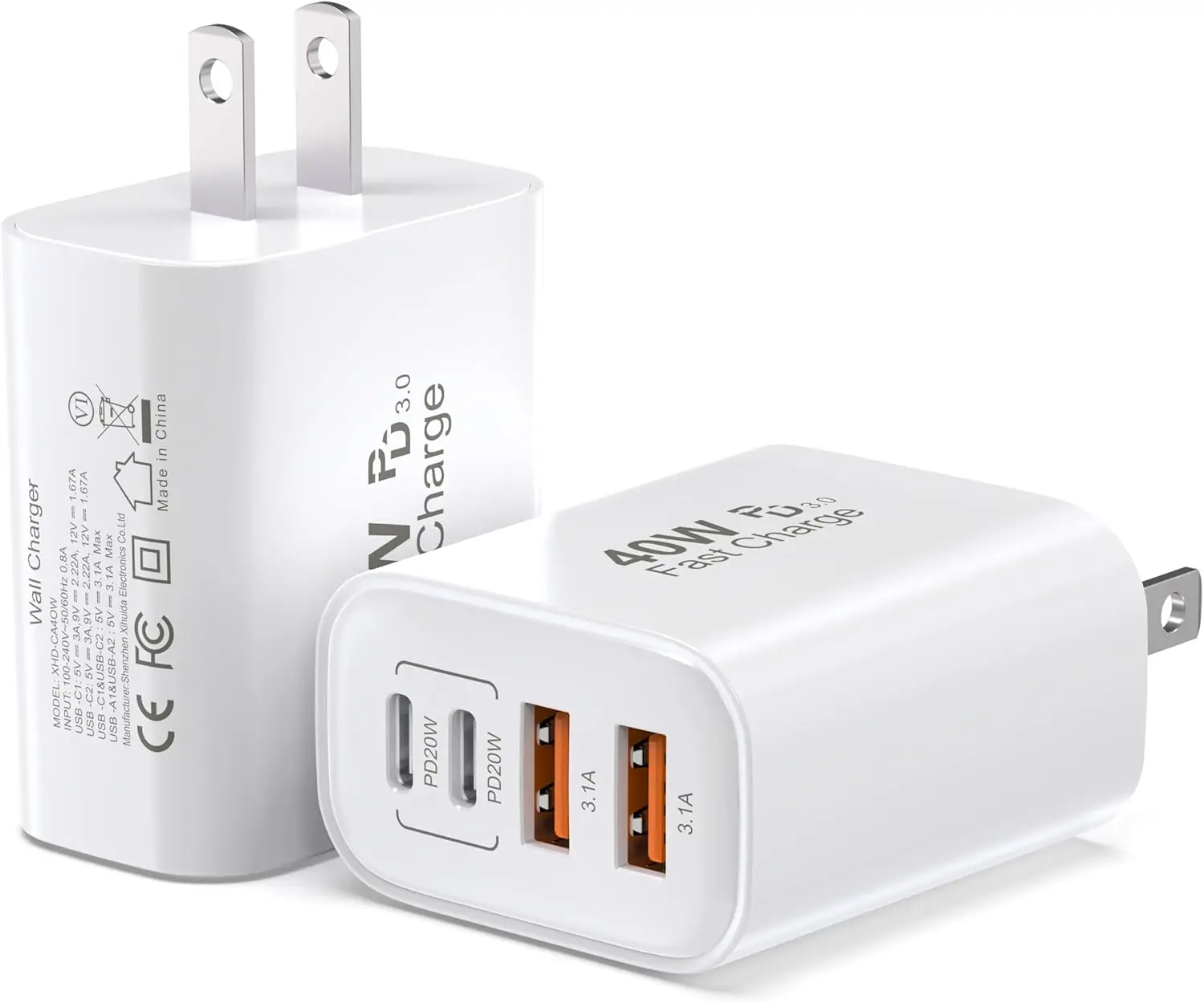 

40W USB C Charger Block 2-Pack, 4-Port Fast Charging (2 USB-C + 2 USB-A), Compact Multi-Device Wall Plug for iPhone 16 15 14 13 Pro Max Samsung S24 S23 Travel Home
