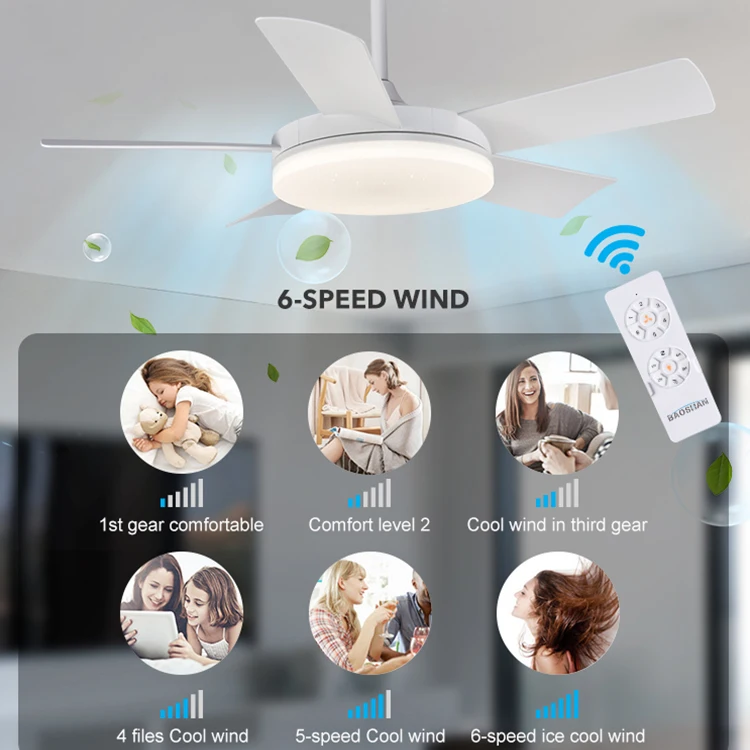 52 بوصة النحاس النقي موتور تيار مباشر التحكم عن بعد الذكية الأزرق الأسنان المتكلم الحديثة Bldc مروحة السقف مع مصباح ليد #2