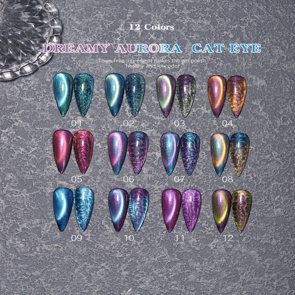 Vendeeni 12 Farben/Set Fantasy Aurora Glitter Cat Eye Gel Nagellack UV LED Perle Shell Magnetische Nagellack mit Farbkarte