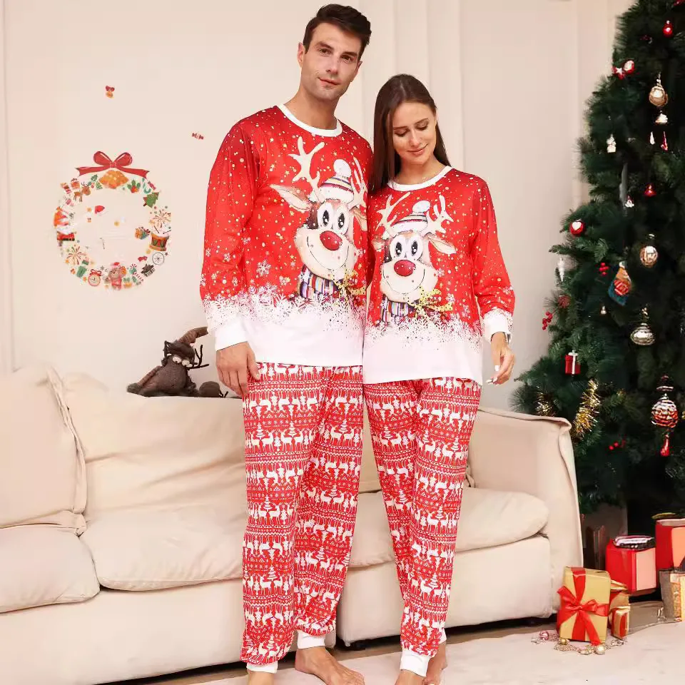 2024 new cartoon Snowflake Deer Christmas parent-child suit printed home dress pajamas pajama pants two-piece set