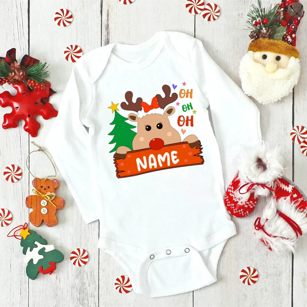 Personalized Deer with Name Baby Bodysuit Christmas Party Newborn Outfit Jumpsuit Toddler Romper Xmas Infant Long Sleeve Clothes