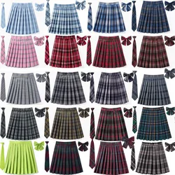 XS- 5XL Women Plaid Pleat Skirt With Necktie Bowtie Harajuku Preppy Mini Japanese School Uniforms Girls Summer Jupe Kawaii Skirt