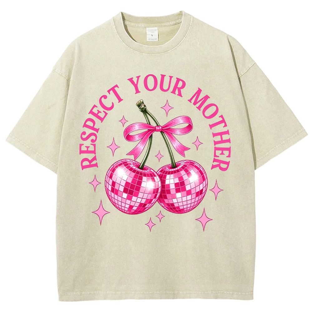 Women T Shirt Respect Your Mother Cherry Disco Ball Graphic Print Summer Short Sleeve Casual Crewneck Harajuku Loose Top