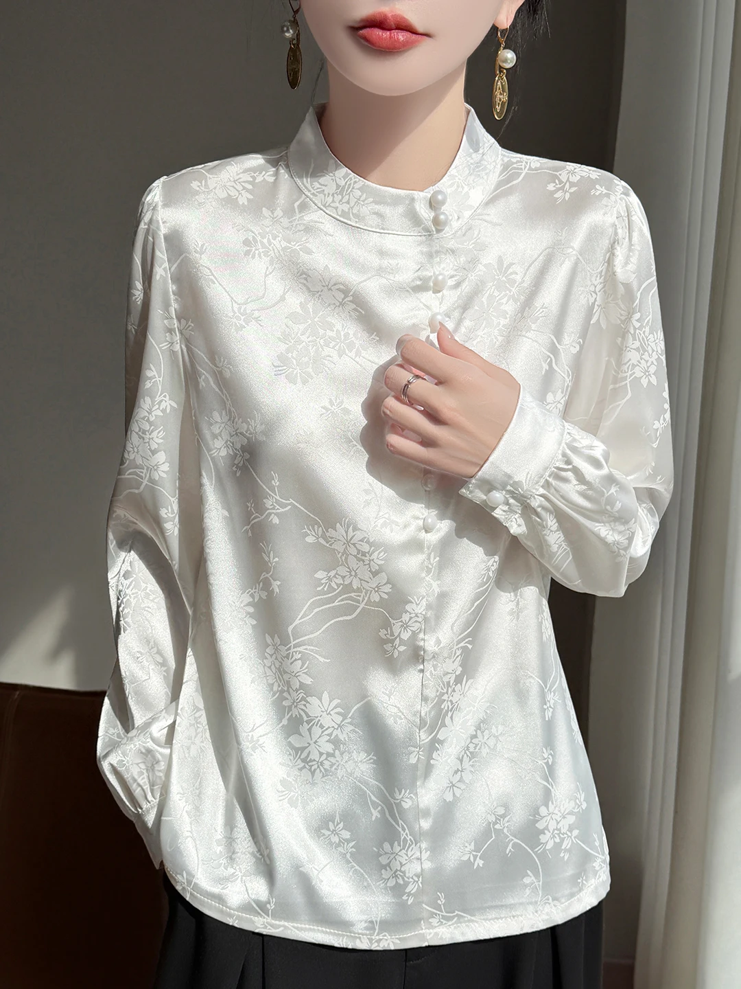 Elegant Chinese Style Satin Shirt Women's Long Sleeve Print Button up High Collar Luxury White Top Commute Straight Cut Silk