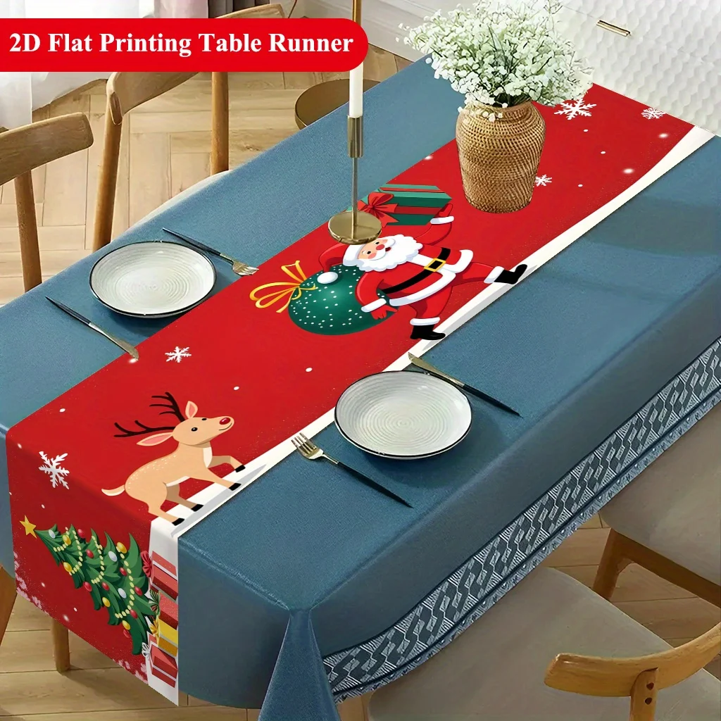 2D‑Printed Santa Claus And Reindeer Table Runner, Decor for Dining Table, Coffee‑Table, Gatherings, Indoor‑Outdoor Parties