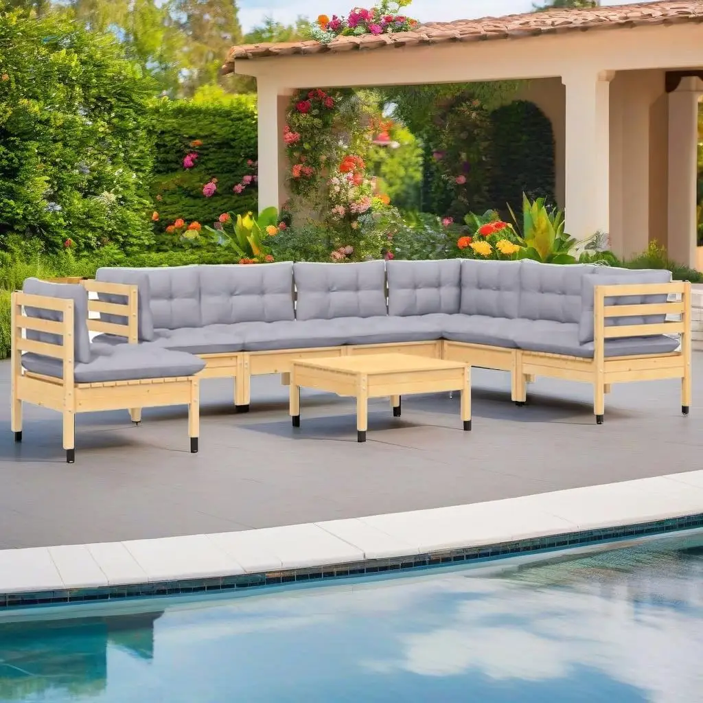 8-Piece Outdoor Patio Lounge Set with Gray Cushions - Durable Solid Pinewood Furniture