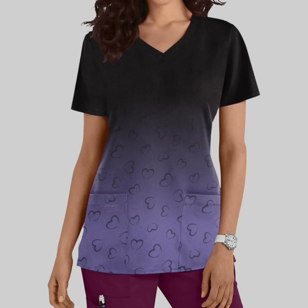 Top Argyle con cuello en V y corazón para mujer, Tops exfoliantes degradados para mujer, uniforme para enfermería, Top informal de manga corta con estampado de cuello en V para enfermera 2026