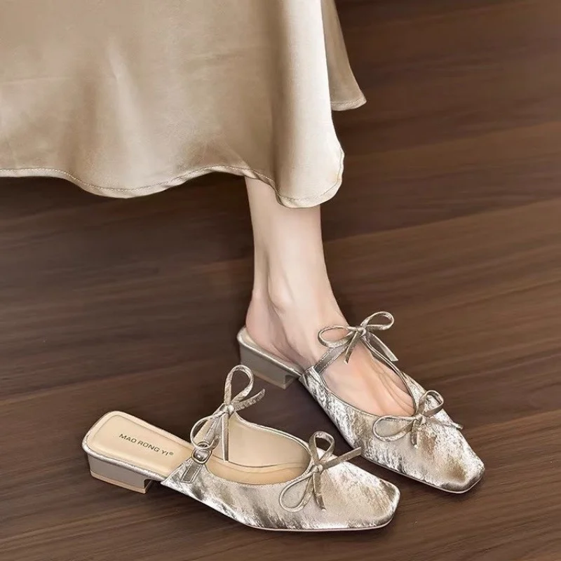 

Summer Elegant Shallow Mouth Square Head Sexy Bow Root Slippers Fashionable Best Selling New Comfortable Women's Shoes