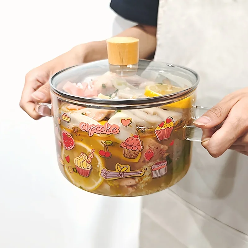 Strawberry Glass Cooking Pot Heat Resistant Double Handles Non Stick Soup Stew Casserole Hot Cooking Pot Cookware Holiday Gifts
