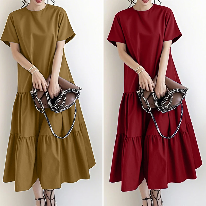 2026 ZANZEA Damen Sommerkleid Lässiges O-Ausschnitt Kurzarm-Sonnenkleid Stilvolles Einfarbiges A-Linien Arbeitskleid Elegantes Urlaubs-Midikleid