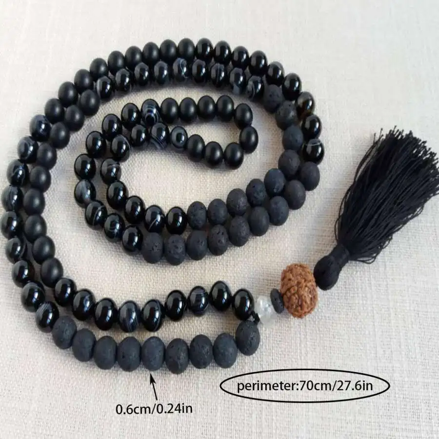 Natural Black Onyx & Lava Rock 108 Beads Mala Necklace with Rudraksha & Black Tassel Spiritual Meditation Jewelry view 5