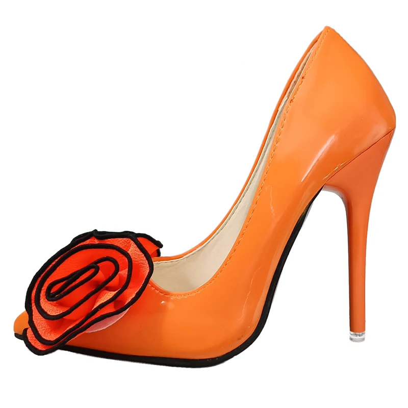 Super High 12cm Stiletto Heels Pumps Women Shoes Flowers Appliques Pointed Toe Orange Patent Leather Office Party Thin Heel