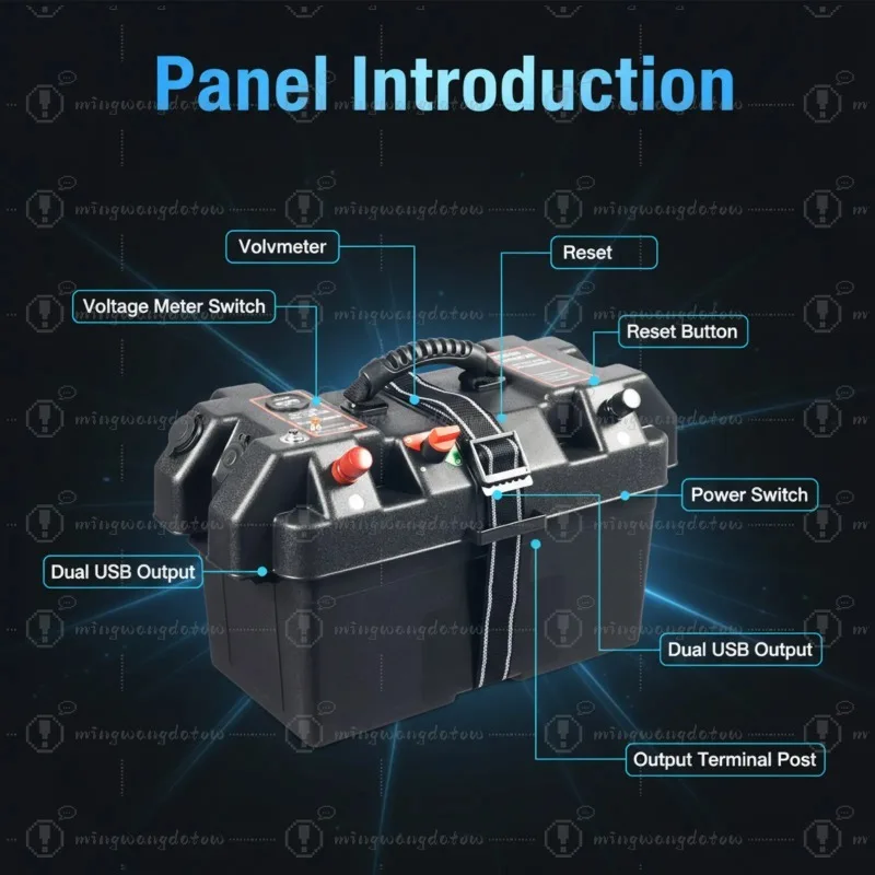 Black Multi Functional Battery Box 44*24.5*27cm Smart Battery Box PP Motor Smart Battery Box  For Various Scenarios Campers Etc