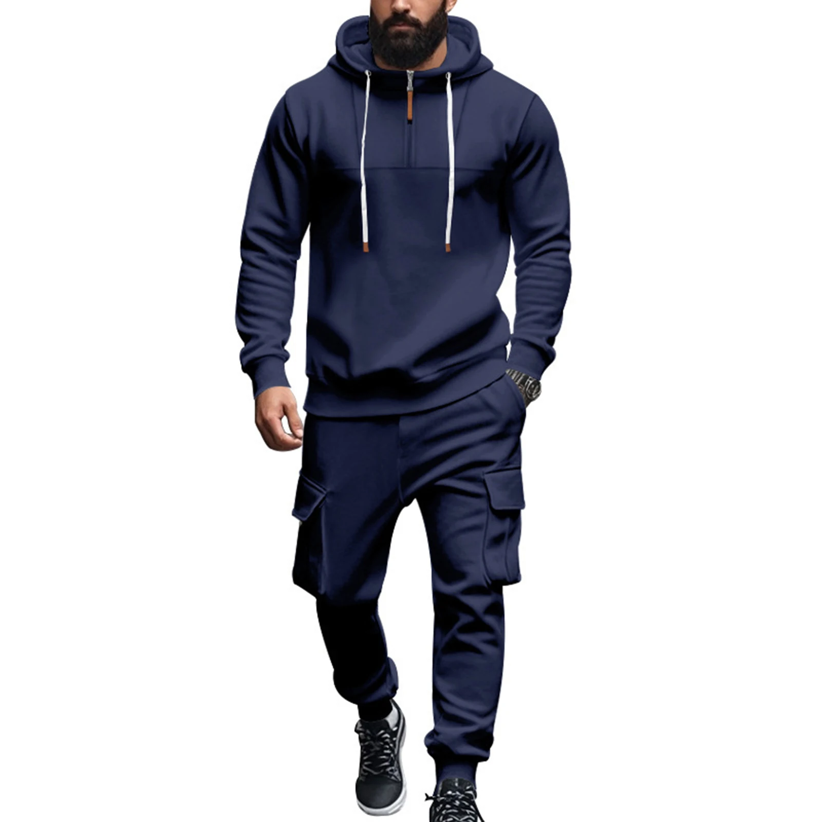 

‌Men's Fleece Lined Hooded Sweatshirt Set Winter 2025 Loose Fit Casual Streetwear Combo Cozy Warm Gymwear Lounge Outfit