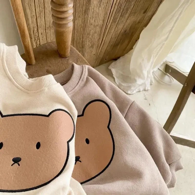 2024 Autumn Baby Girl Clothing Set Infant Cartoon Bear Print Tops + Pants 2 Pieces Suit Toddler Boys Cotton Sweatshirt Trousers