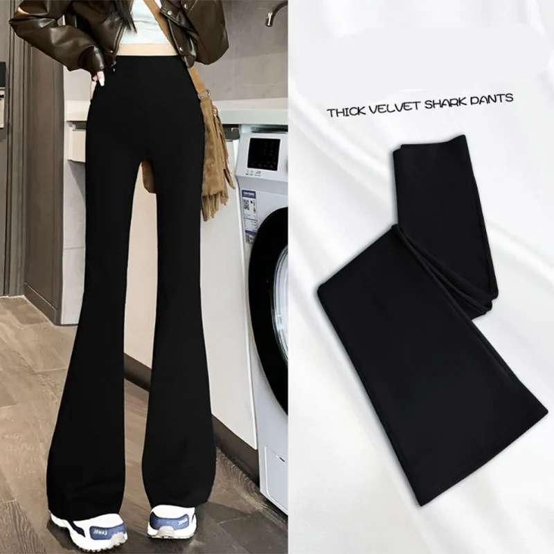 

Black Thin Shark Flare Pants for Women Sexy High Waisted Elastic Butt Lift Skinny Leggings Female Yoga Sport Wide Leg Pants New