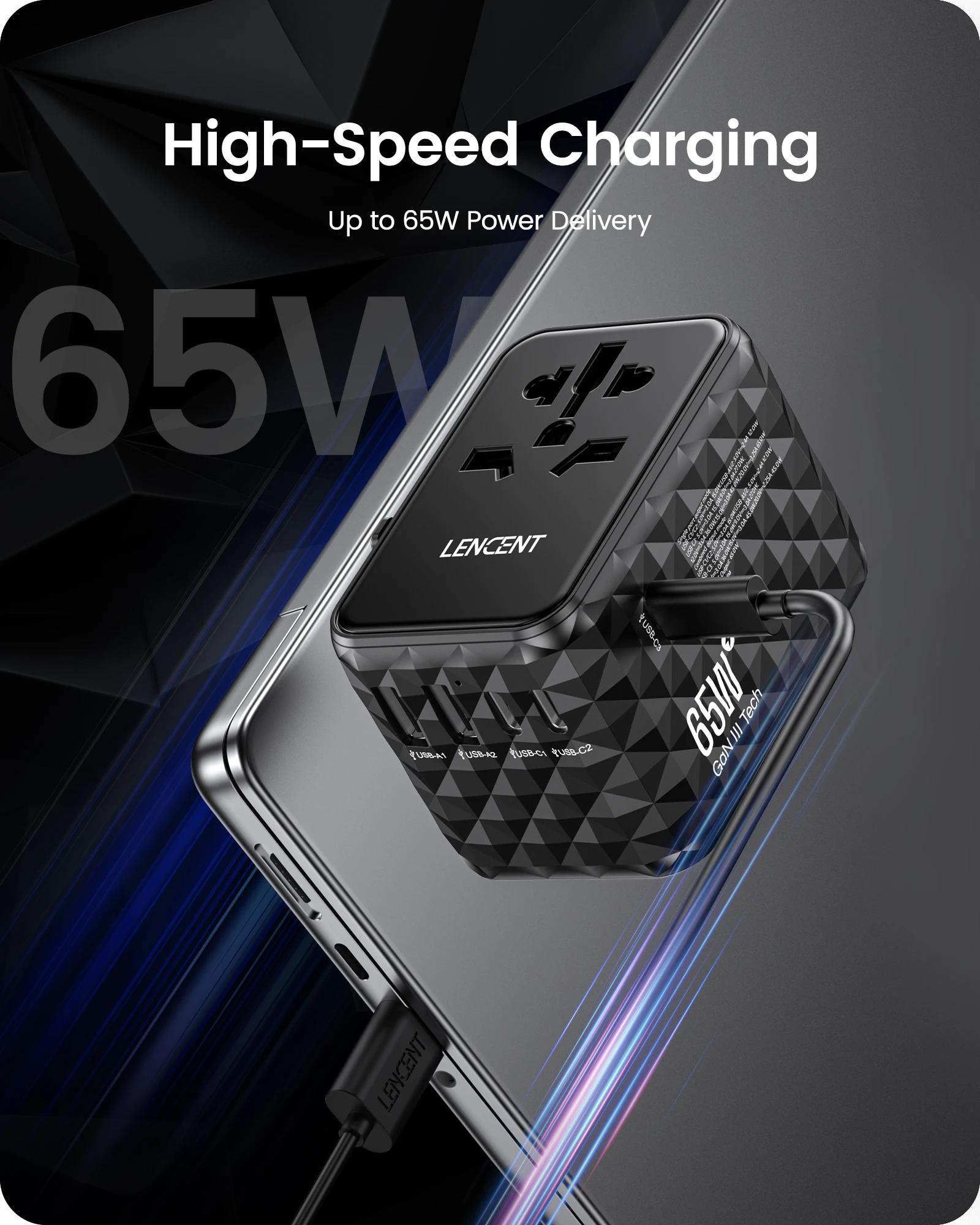 LENCENT 65 واط GaN محول السفر العالمي مع 2 USB-A + 3 نوع C شحن سريع محول الطاقة الاتحاد الأوروبي/المملكة المتحدة/الولايات المتحدة الأمريكية/الاتحاد الأفريقي التوصيل للسفر