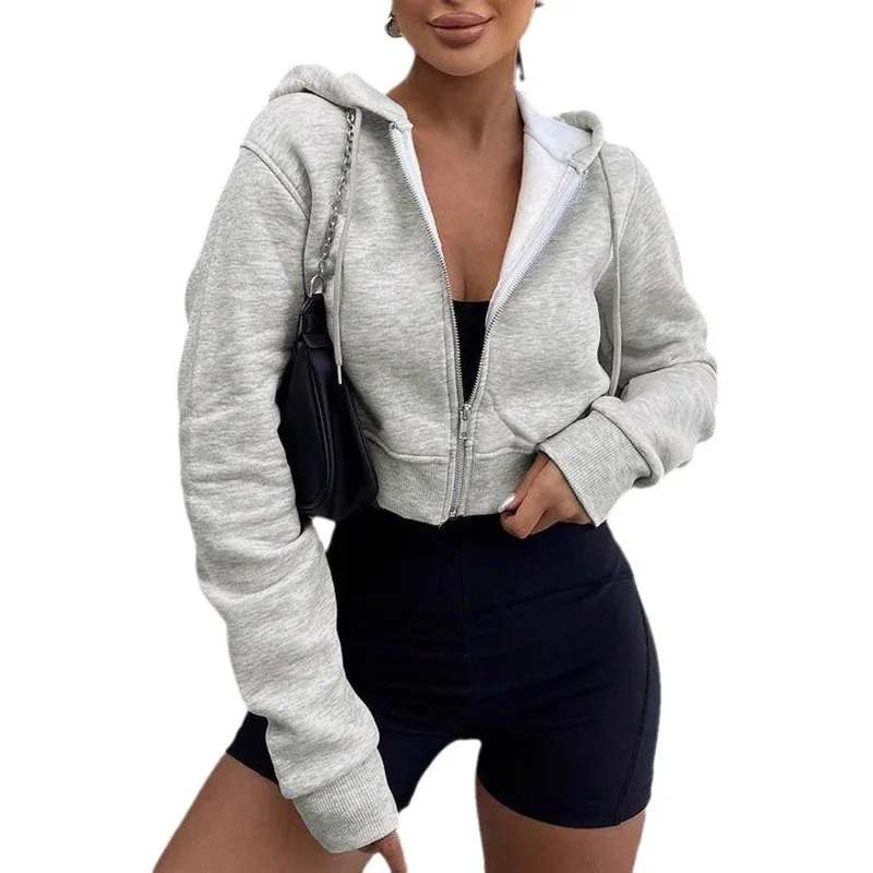 Women's Long Sleeve Hooded Zipper Cardigan Cropped Sweatshirt Casual Versatile Apparel European and American  Hoodies Women