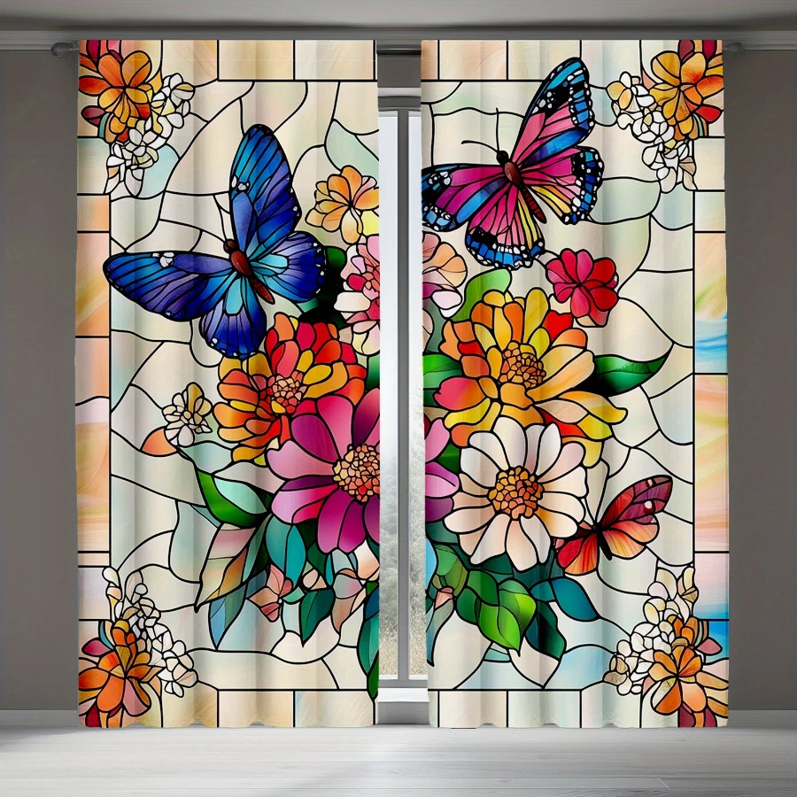 2PCS Digital Print Sheer Curtain, Stained Glass Butterfly Flowers, Modern Home Decor Sheer Curtain for Bedroom Living Room