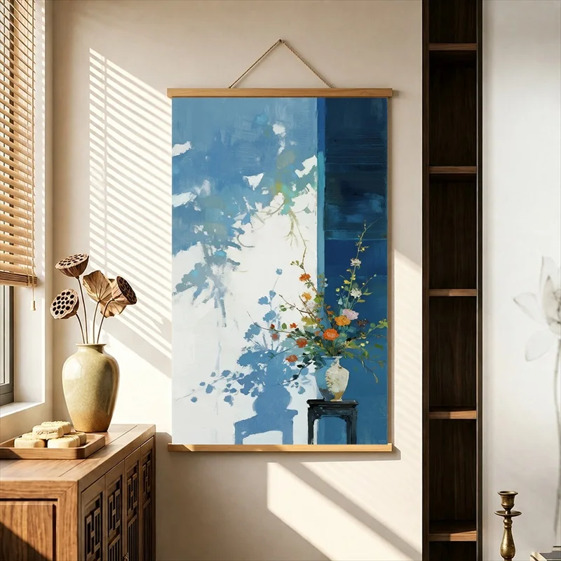 Wall Art Sunlit Windows with Floating Flower Shadows, Soft Botanical Pearlescent Canvas Wall Hanging Scroll for Reading Nook