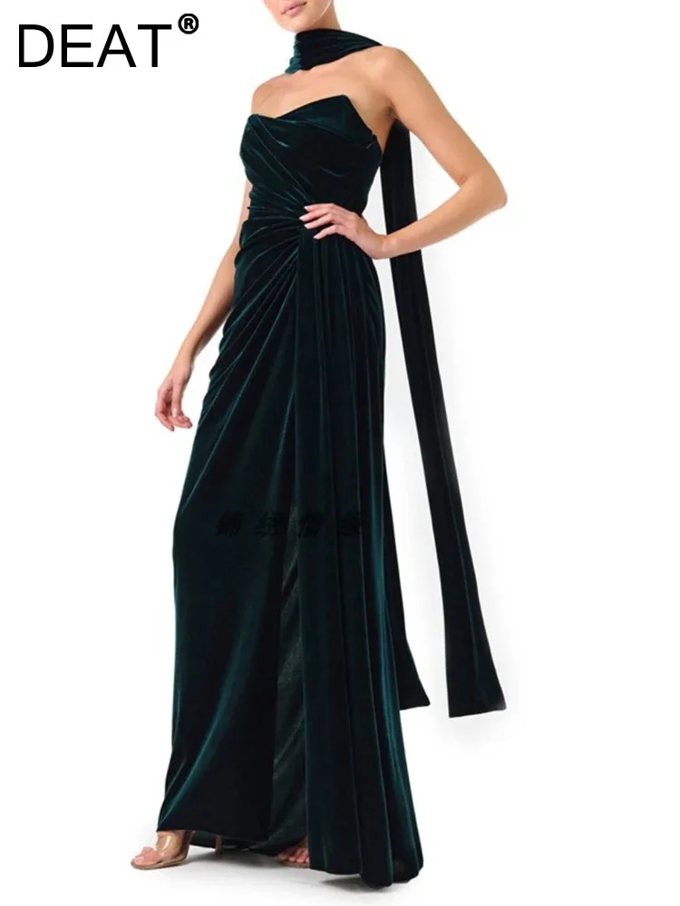 DEAT Elegant Dress Halter Ribbon Strapless Pleated Velvet Solid Women's Evening Party Dresses 2024 Autumn New Fashion 35Z1248