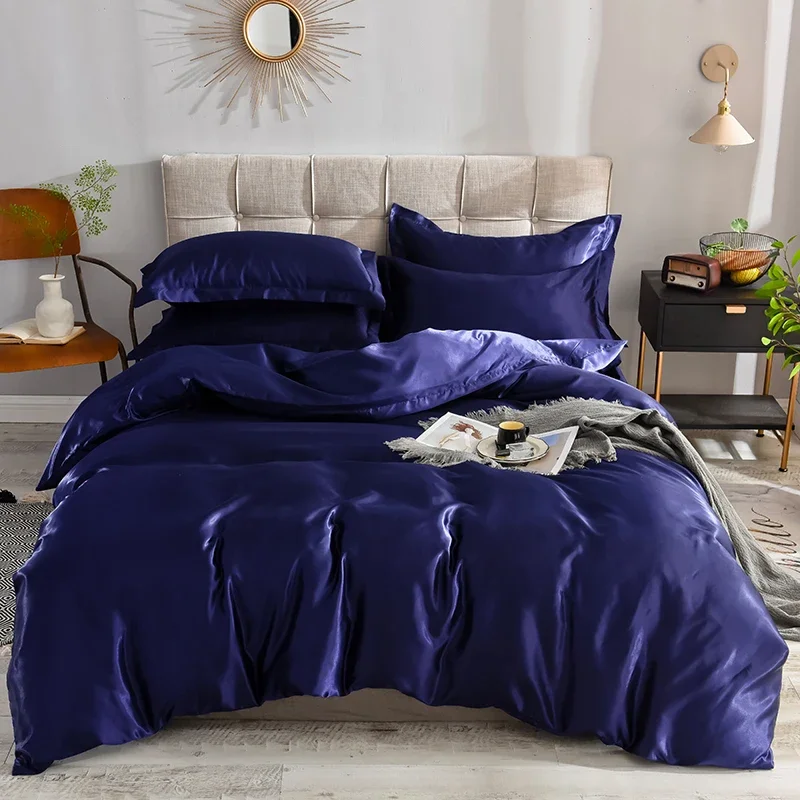 Smooth Solid Color Ice Silk Duvet Cover 3 Piece Set, Boys Girls Blue Bedding with Pillowcases, Adults Queen King Comforter Cover