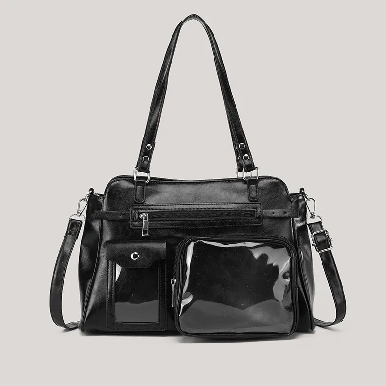 Tote Bag for Women Large Capacity PU Leather Multi-Pocket Shoulder Crossbody Handbag Black Daily Casual
