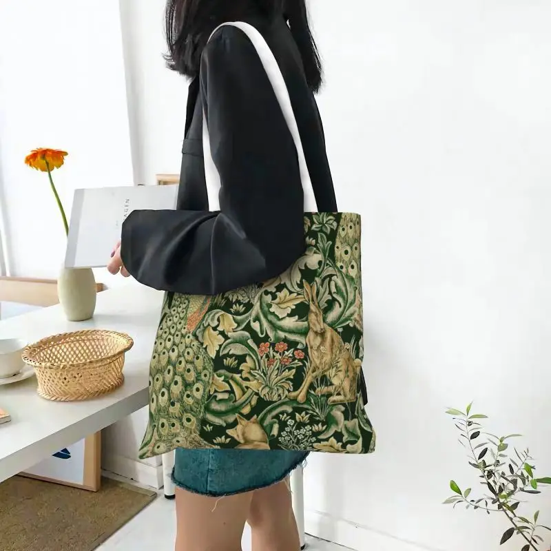 Peacocks And Fox By William Morris Shopping Tote Bag Forest Animals Textile Pattern Groceries Canvas Shopper Shoulder Bag