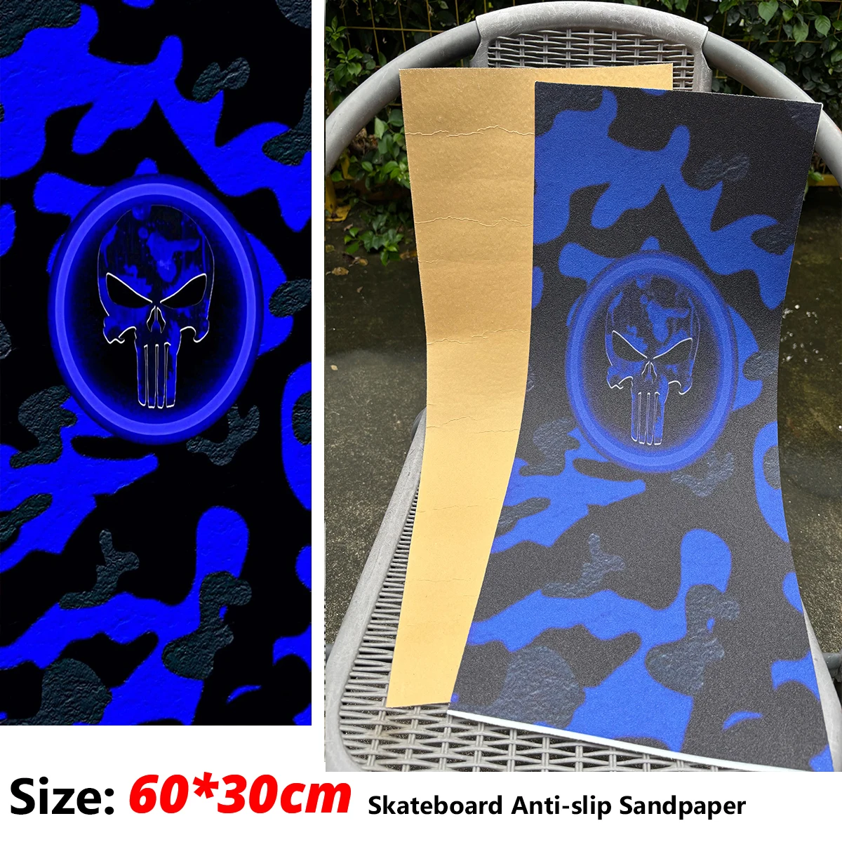 

Синяя креативная наклейка-гриптейп с рисунком черепа для электросамоката, противоскользящая наклейка-наждачная бумага для скейтборда, лист гриптейпа 60*30 см