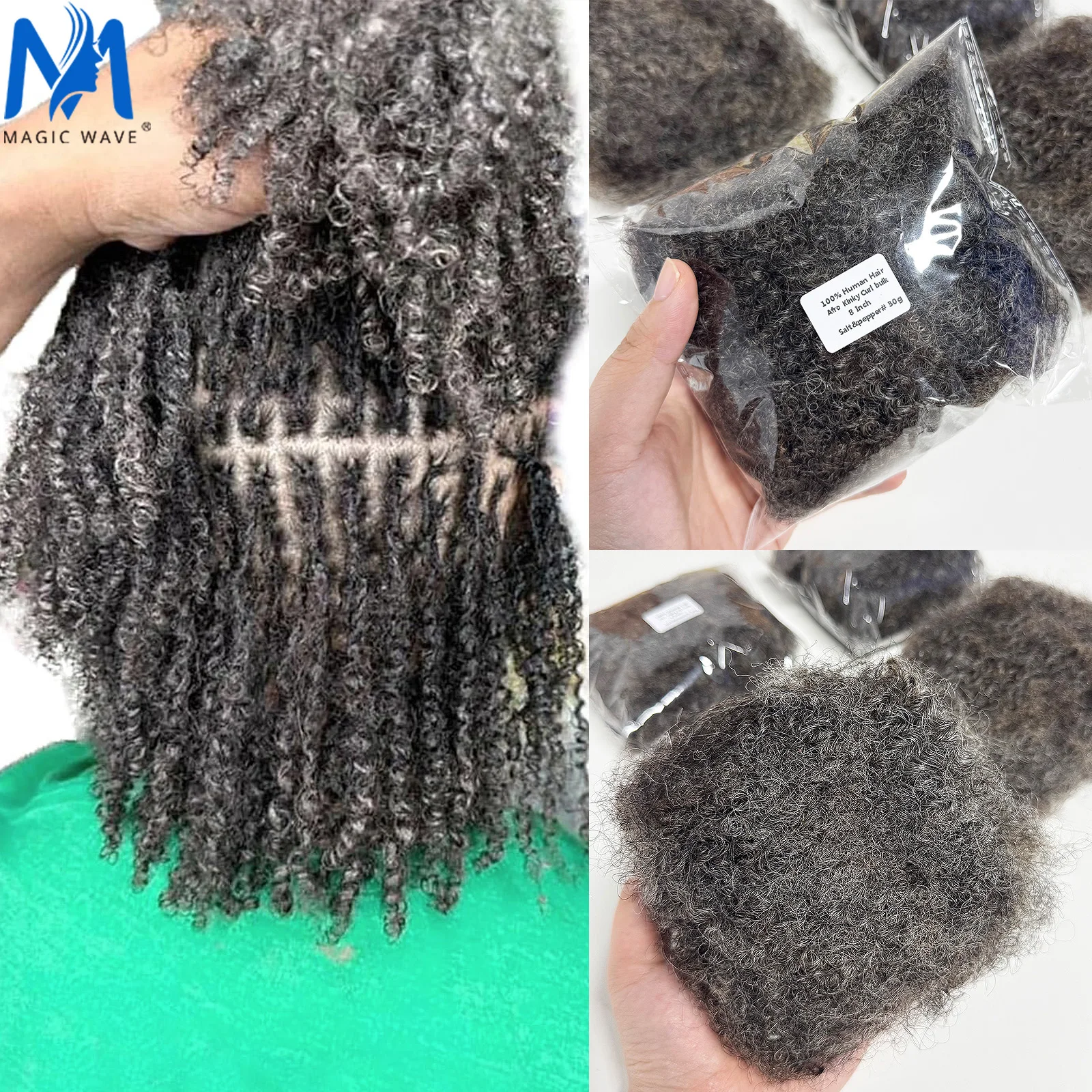 8inch Salt and Pepper Afro Kinky Bulk Human Hair for Braiding Afro Kinky Curly Crochet Human Hair for Dreadlocks Extensions