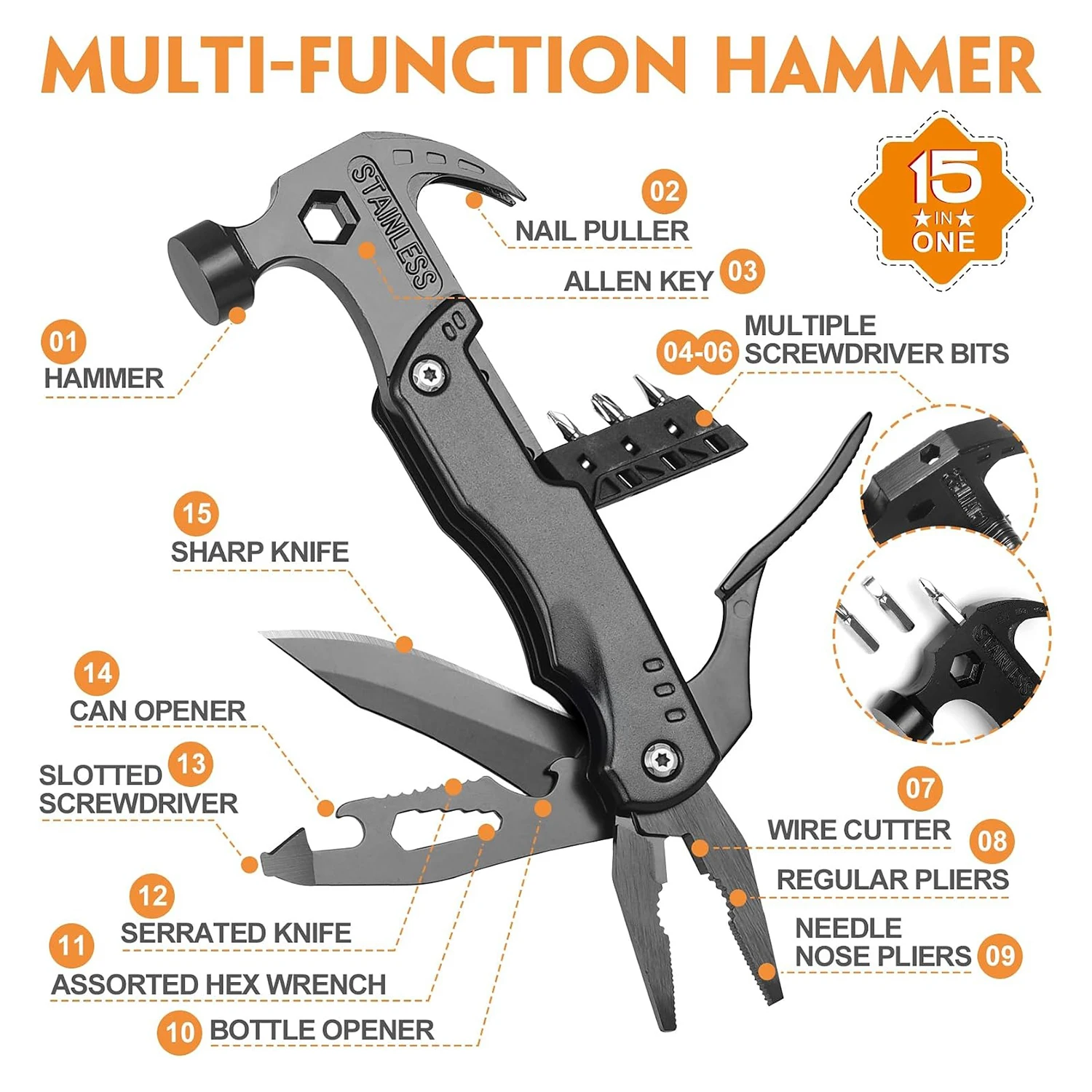 Multitool Hammer Outdoor Camping Tool Multi-Purpose Folding Tool Pliers Knife Bottle Opener 15 in 1 Tool