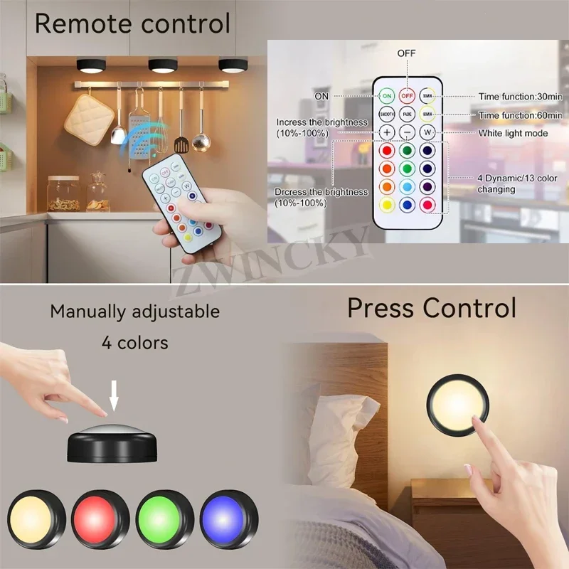 Remote Control Cabinet Lights Battery Powered Night Light Dimmable Warm/White Light Kitchen Lights Closet Aisle Stairs Lighting