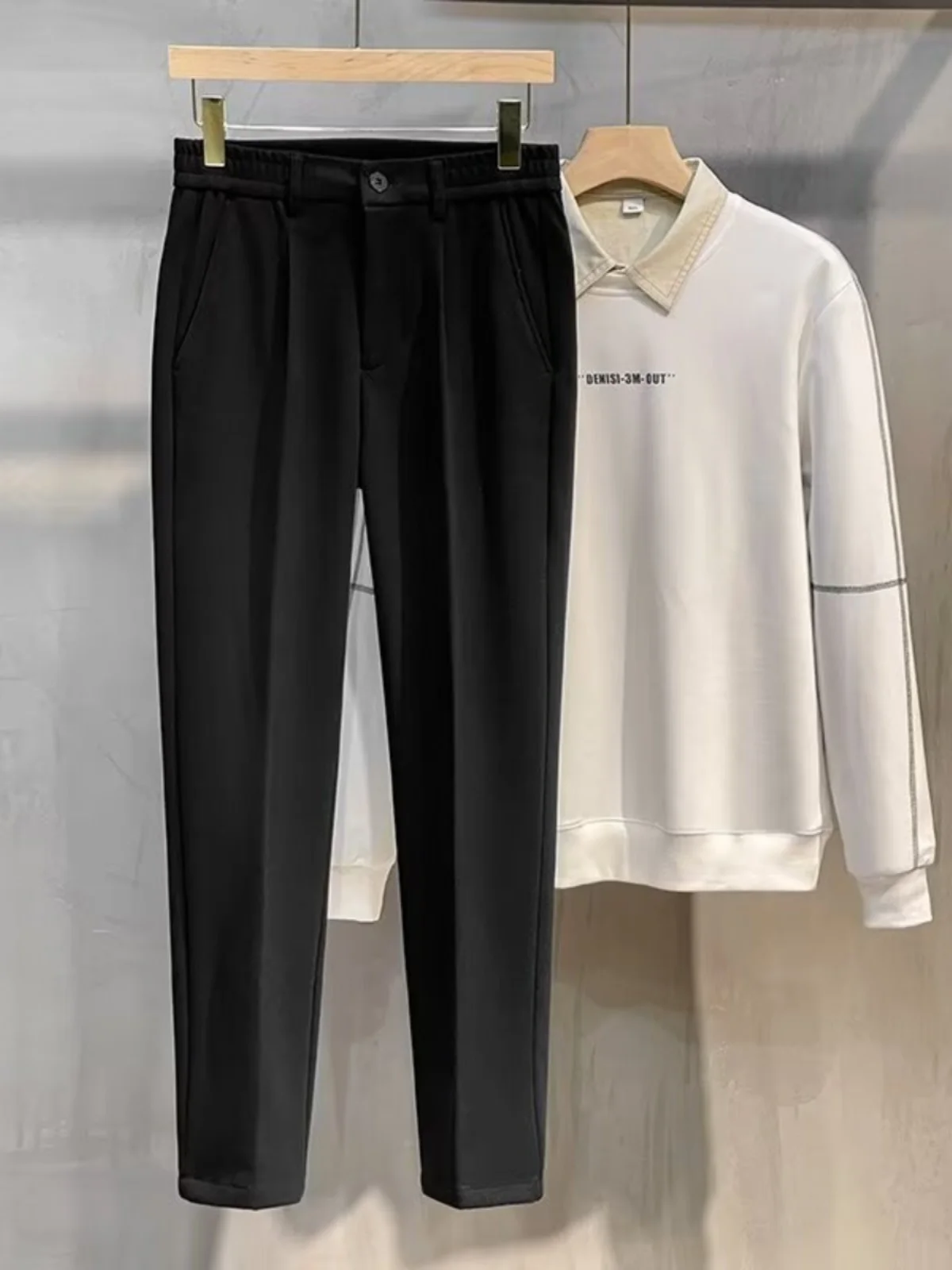 Men's Woolen Straight Leg Thickened Casual Trousers Autumn Winter Fashion Trendy Nine Points Pants mid Waist Long Pants