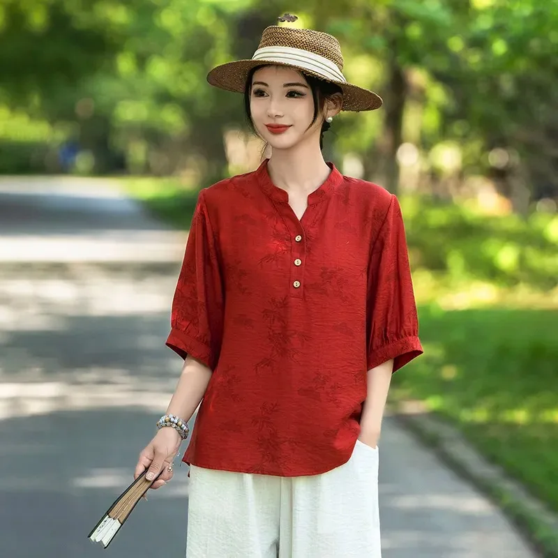 

Women's Casual Bamboo Print Blouse V-neck Half Sleeve Loose Fit Linen Blend Summer Top
